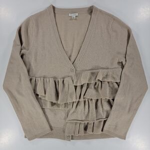 Garnet Hill Wool Ruffle Front Cardigan Sweater Beige Womens Medium Long Sleeve
